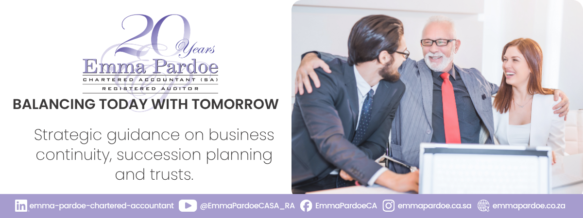 Succession planning for business and trusts by Emma Pardoe CA(SA) Registered Auditor in South Africa Advert. Grey man handing assets over to the new generation.